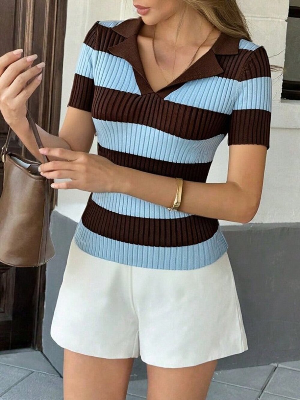 Coffee Brown Street Women's Stripe Polo Collar Knit Short Sleeve Blouse - Picture 5 of 6